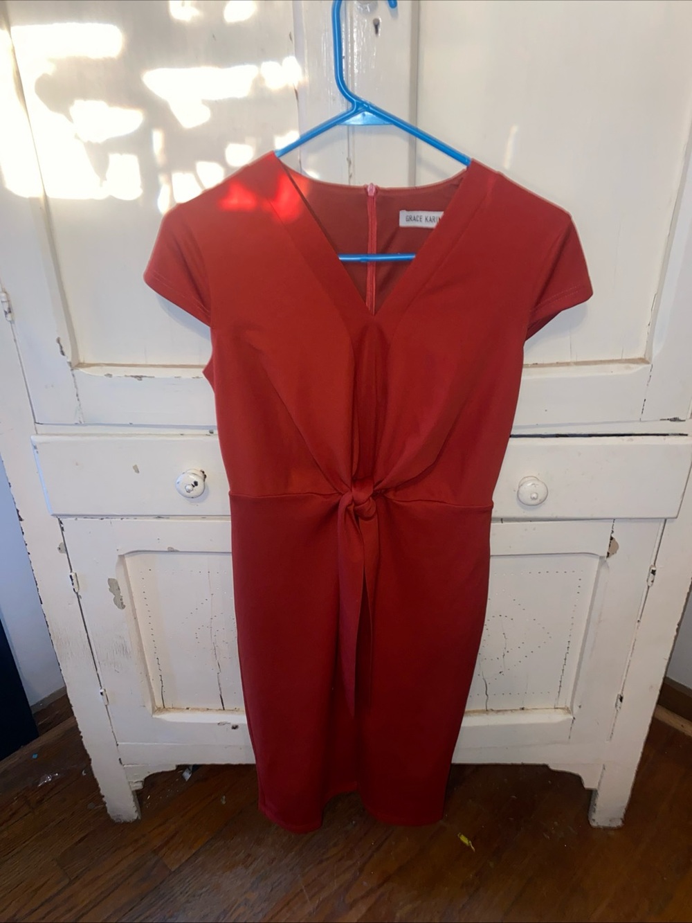 Grace Karin Red Knot-Front V-Neck Midi Dress